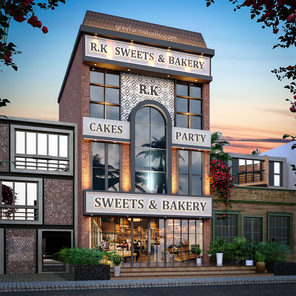 Front view 3D render of the new 'RK sweets' bakery